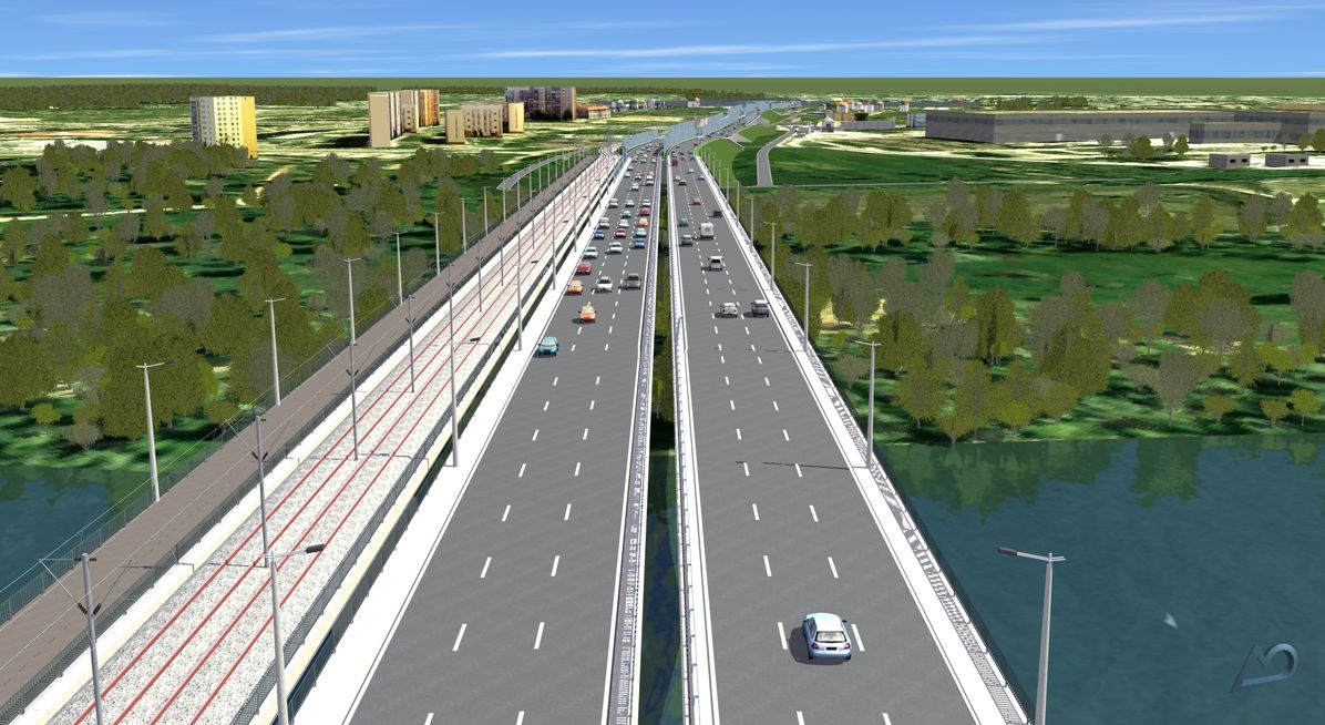 Visualisierung des östlichen Verkehrszugs mit Straßenfahrwegen und Straßenbahntrasse.