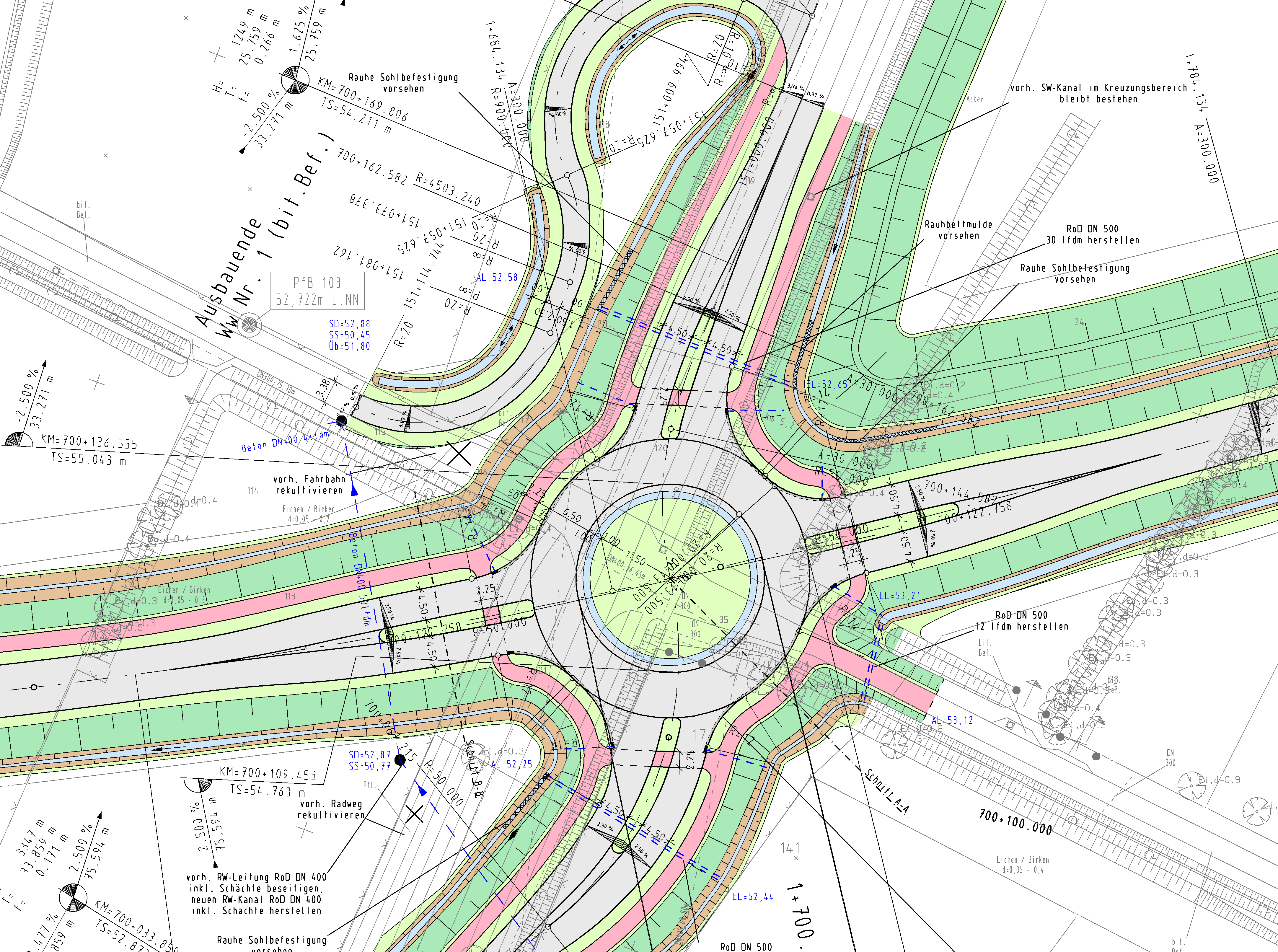 Die ursprüngliche Planung sah einen runden Kreisverkehrsplatz mit vier Ästen und einem Außendurchmesser von 40,00 m vor.