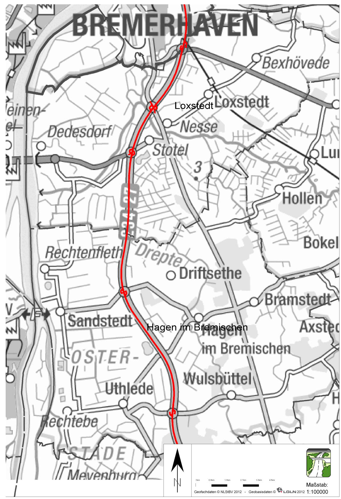 Projektgebiet A 27 AS Uthlede bis AS Bremerhaven Süd (Auszug NWSIB Niedersachsen).